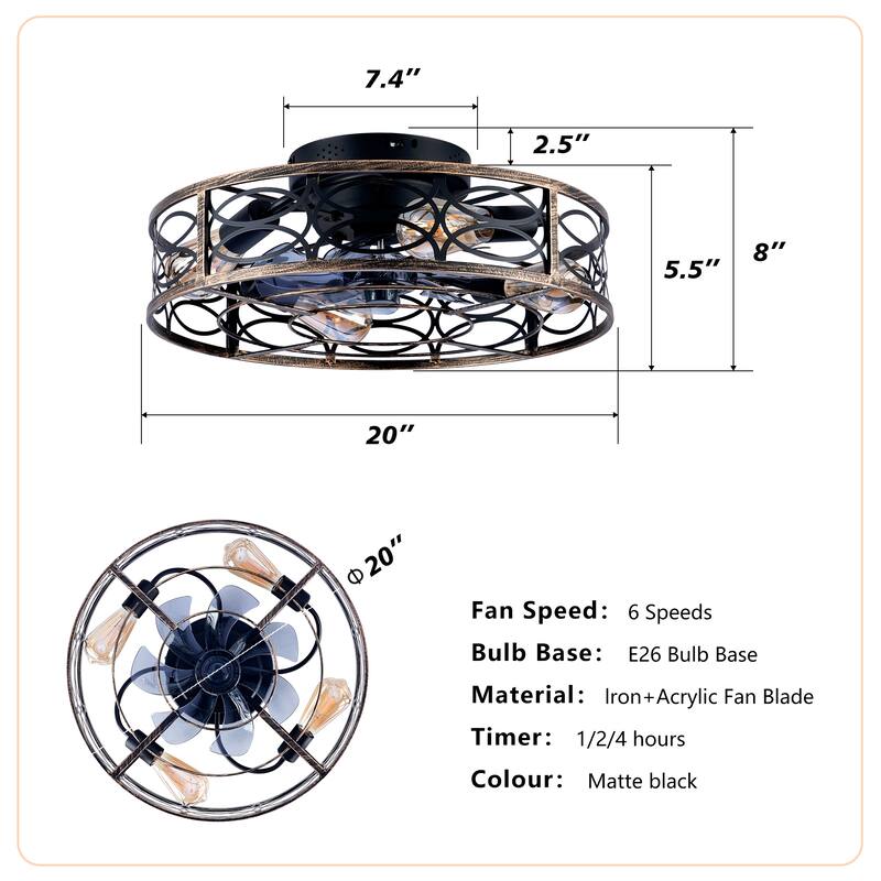 20" Low Profile Caged Ceiling Fans with Lights and Remote, Farmhouse Flush Mount Ceiling Fan with 6 Speeds Reversible Motor