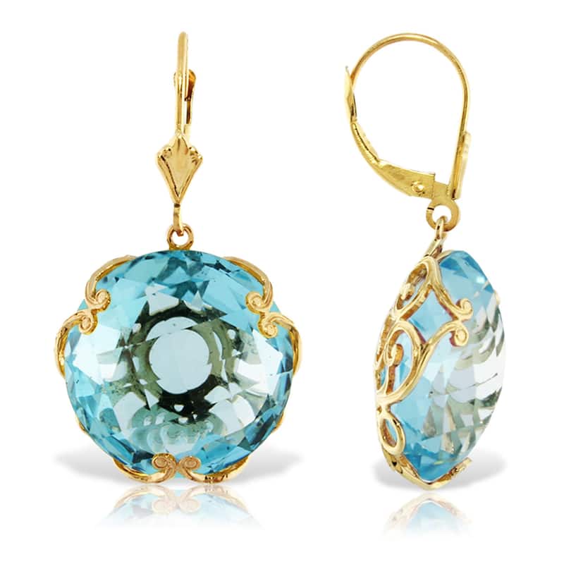 14K Solid Gold Leverback Gemstone Earrings Round Blue Topaz Jewelry - Yellow