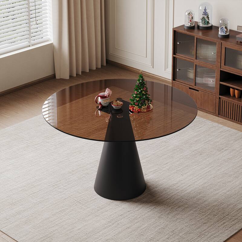 35-Inch Round Glass Dining Table, With Tempered Glass Tabletop And Carbon Steel Legs. Suitable for 2-4 People - Black+Brown - Black+Brown
