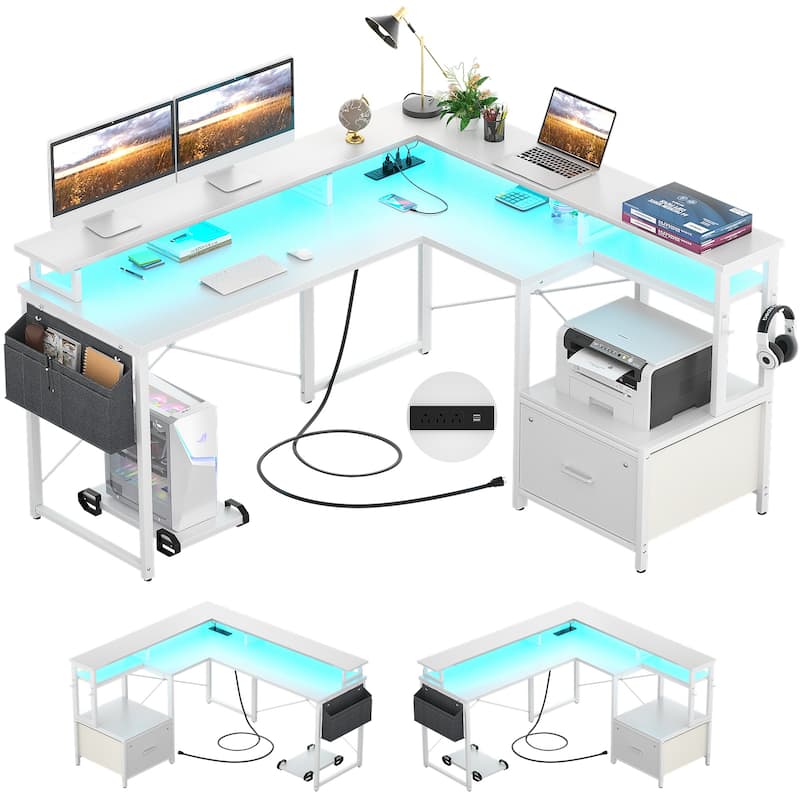 L Shaped Desk with File Drawer and Printer Stand, Reversible Corner Computer Desk with Power Outlet and LED Strip