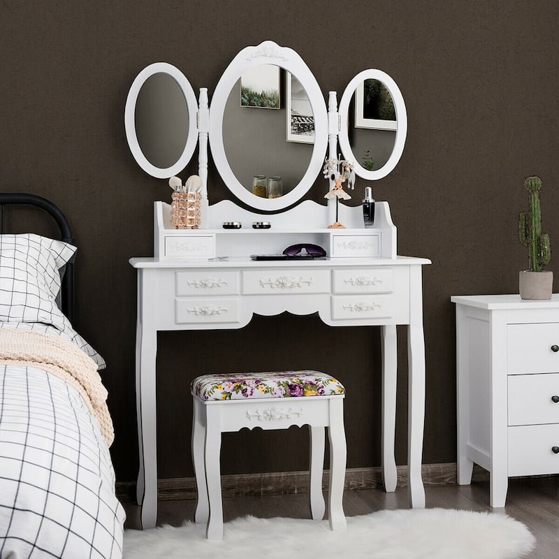 Gymax Vanity Makeup Set W/7 Drawer Tri-Folding Mirror Dressing Table & - White