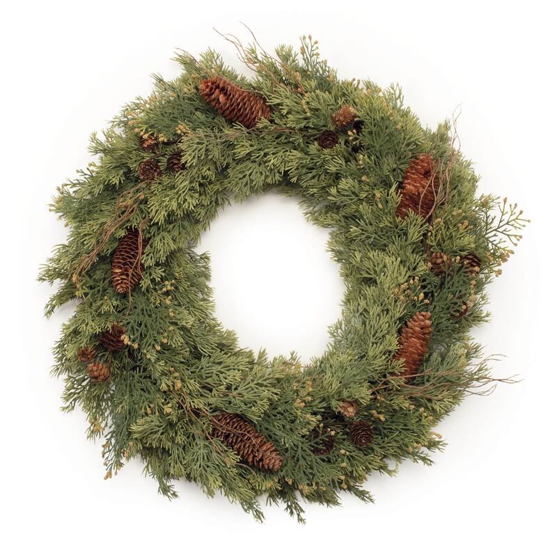 Plastic Pine and Pinecone Wreath Rustic Wood and Styrofoam Decor - 22” x 22” x 5” (D x W x H) - Green-Brown