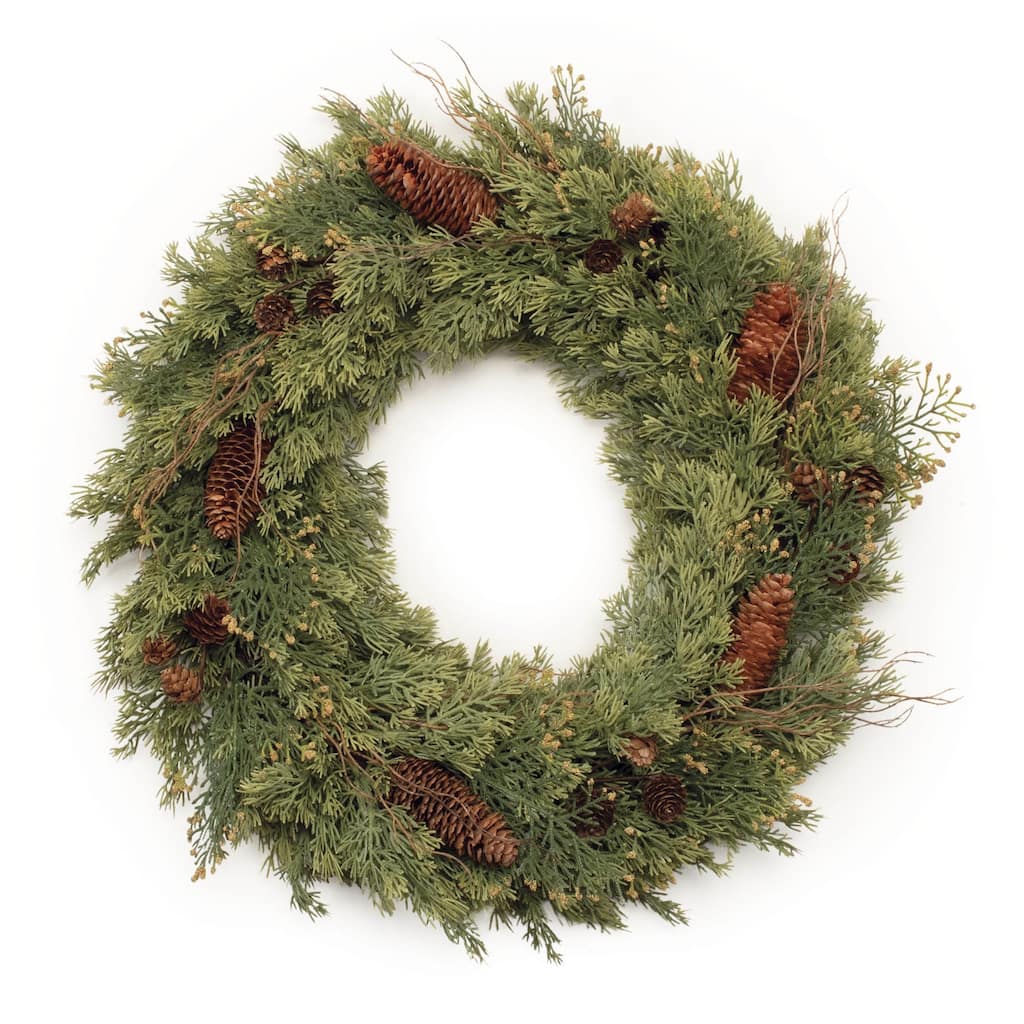 Plastic Pine and Pinecone Wreath Rustic Wood and Styrofoam Decor - 22” x 22” x 5” (D x W x H)