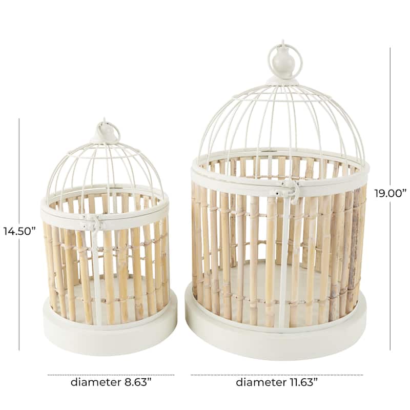 Bamboo Wood Handmade Birdcage with White Metal Accents - Set of 2 Brown - Roche River Decor