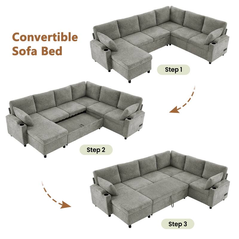 109.9" U-Shaped Convertible Sectional Sofa Bed with Storage Chaise Cup Holders Power Outlets USB Ports Chenille Couch