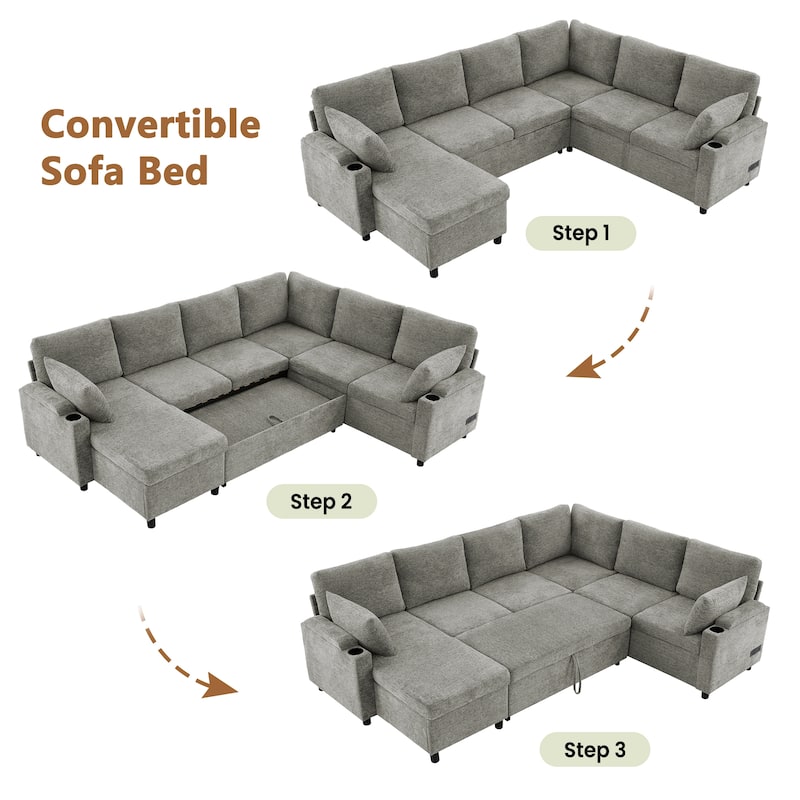 Roomfitters U-Shaped Sectional Sleeper Sofa with Storage, USB Ports and Cup Holders, Convertible Bed for Living Room