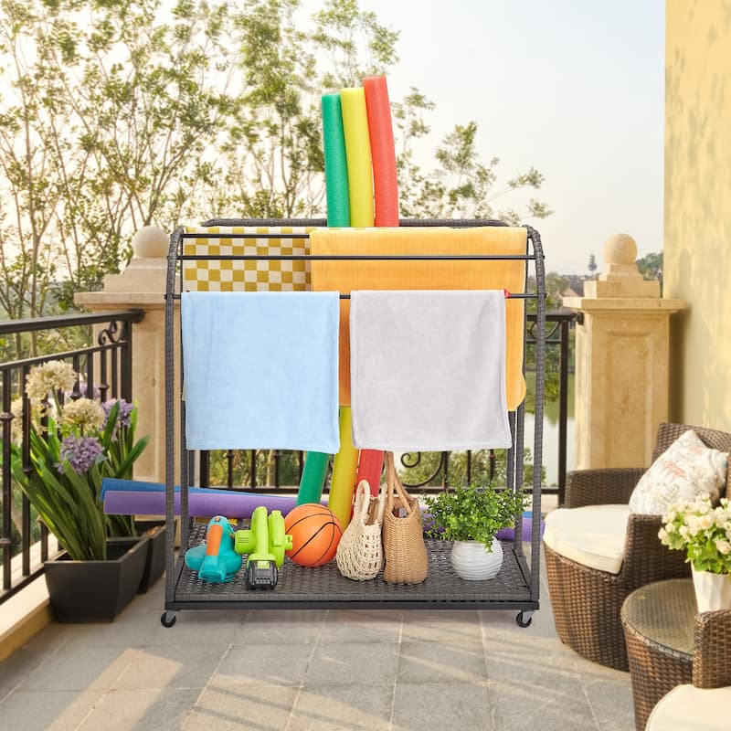 Pool Towel Rack Outdoor with Rattan 5 Bar Free Standing Poolside