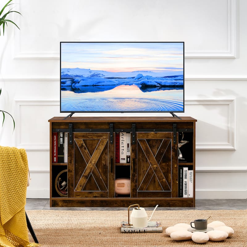 46.9" TV Stand with Two Sliding Barn Doors and 3-Layer Storage Space for Living Room