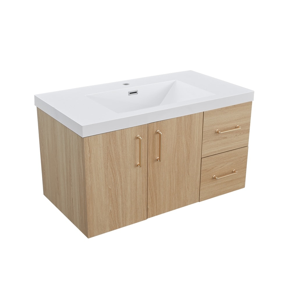 Prismella 36" 48" Wall-Mount Bathroom Vanity in Oak with Top