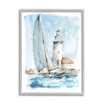 Stupell Lighthouse Tower Beacon Sea Sail Boat Nautical Outdoors Framed Wall Art, Design by Ethan Harper - Blue