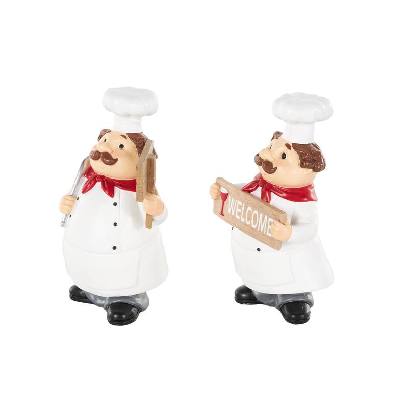 Polystone Chef Kitchen Decorative Figurine Sculpture with Welcome Signs - Set of 2 White - Roche River Decor