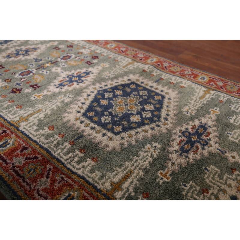 Green Geometric Viss Oriental Runner Rug Handmade Wool Carpet - 2'6"x 8'1"