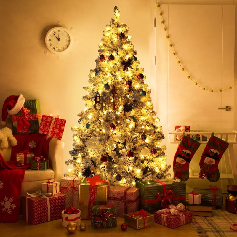 VEIKOUS 6.5FT/7.5FT Pre-lit Christmas Tree Snow Flocked/Artificial with Lights and Metal Stand