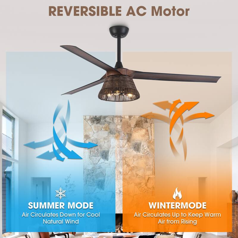 60" Natural Rattan Brown Ceiling Fan with Light Kit and Remote Control - 60 in. D x 60 in. W x 15.7 in. H