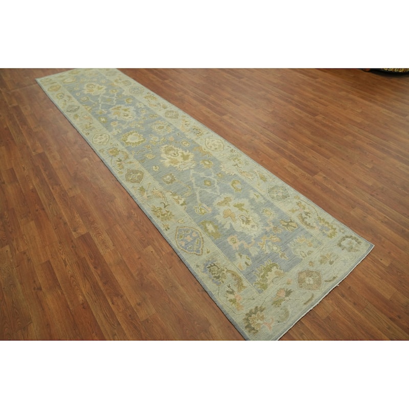 Vegetable Dye Wool Oushak Turkish Runner Rug, Floral Geometric - 11' 10'' X 2' 10''