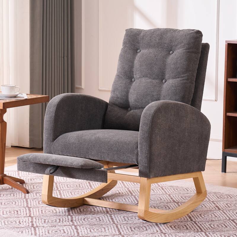 Gray Accent Rocking Chair with Footrest Rubber Wood Rocking Legs
