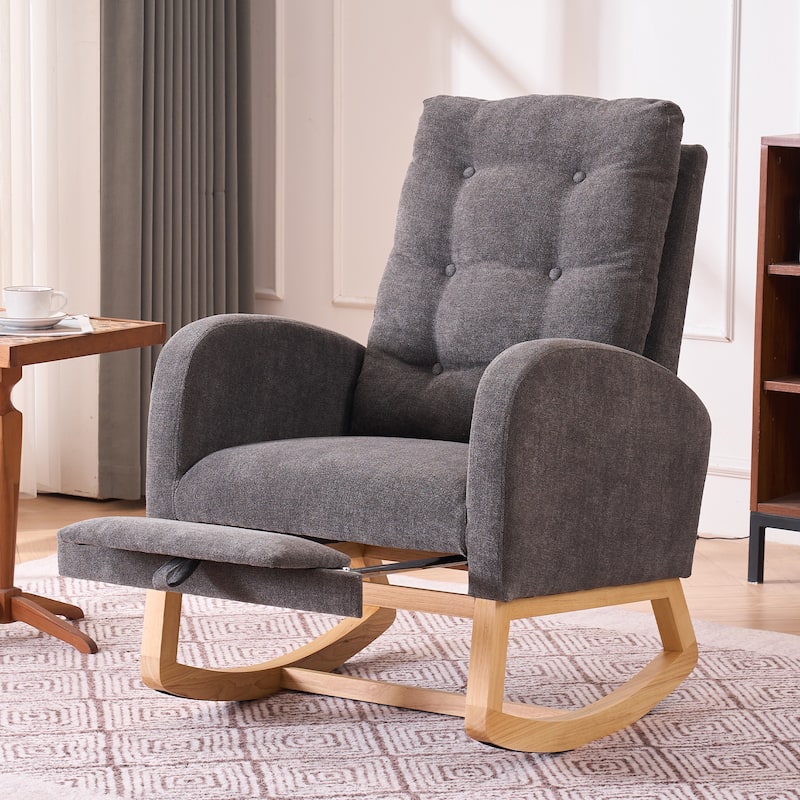 Upholstered Glider Chair with Thick Cushions, Rubber Wood Rocking Chair with Footrest, Lounge Recliner with Armrests