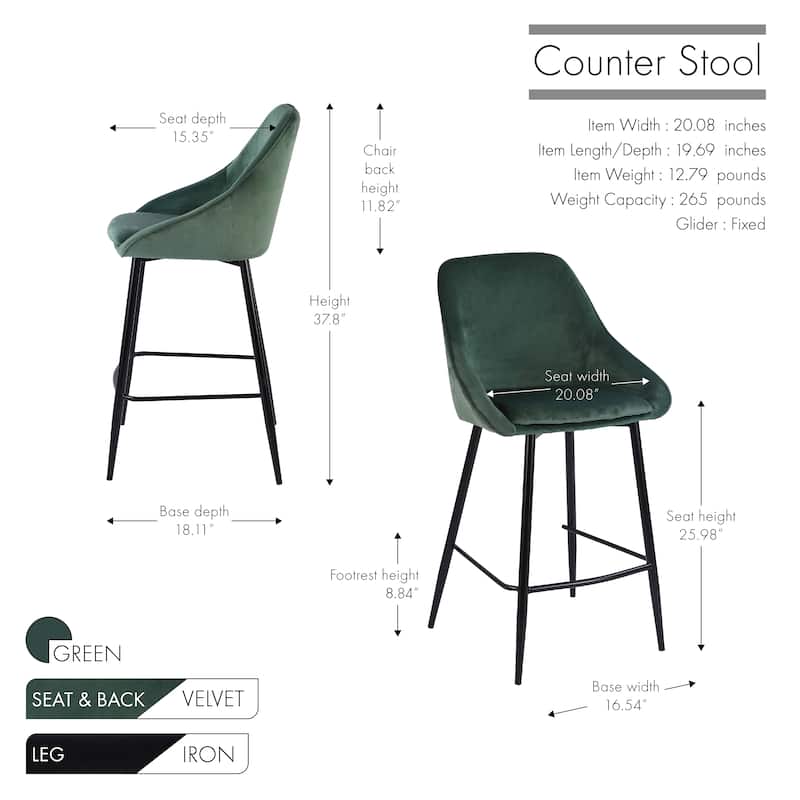 Porthos Home Uva Counter Stools Set of 2, Velvet Upholstery, Iron Legs
