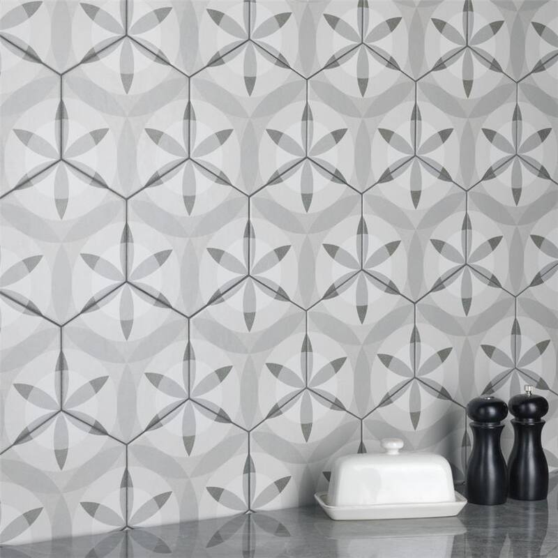 Merola Tile Hexatile Matte Nature Black & White 7" x 8" Porcelain Floor and Wall Tile