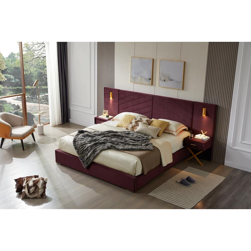 King Size Velvet Bed Frame with Vertical Channel Tufted Wingback Headboard, No Box Spring Needed, Easy Assembly - WINE RED