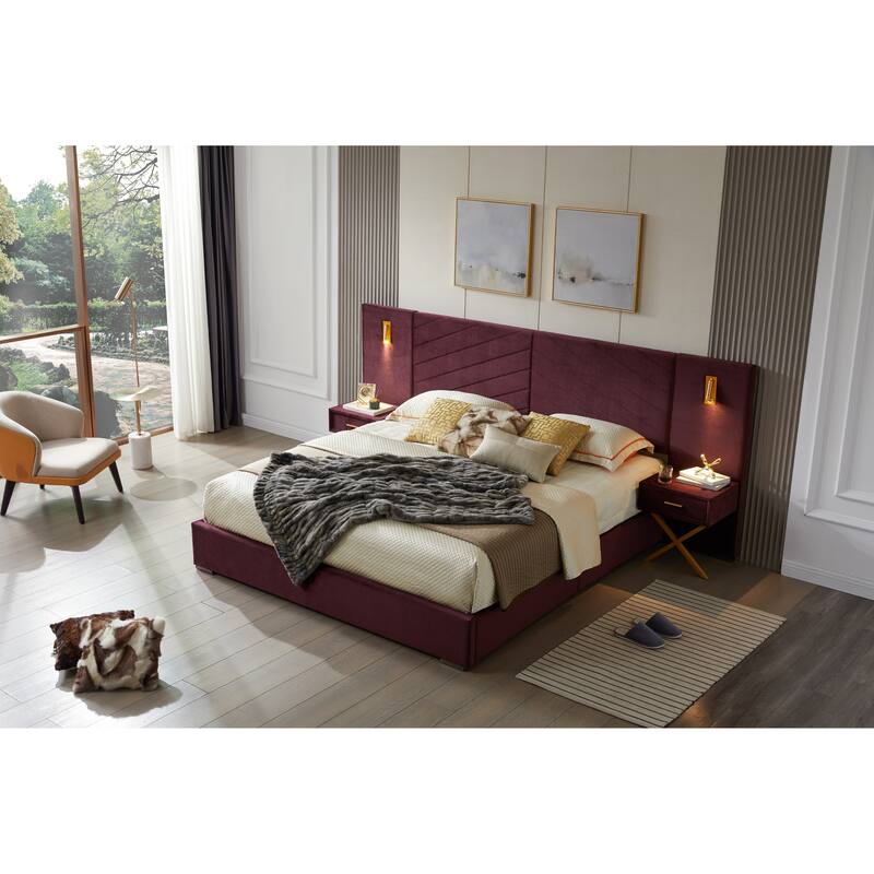 Royal Blue Velvet Bed Frame Vertical Channel Tufted Wingback Headboard Upholstered Platform Bed Wooden Slats - Red - King