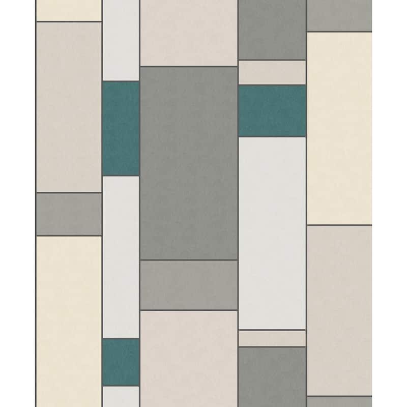 Harding, De Stijl Geometric 33' L X 20.5" W, Art Deco Wallpaper Roll - Perry Teal & Frosted Petal