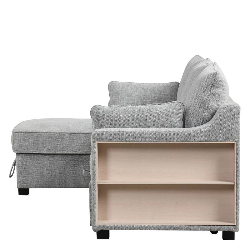 90" Pull Out Sleeper Sofa L-Shaped Couch Convertible Sofa Bed with Storage Chaise, Storage Racks and USB Ports, Light Brown
