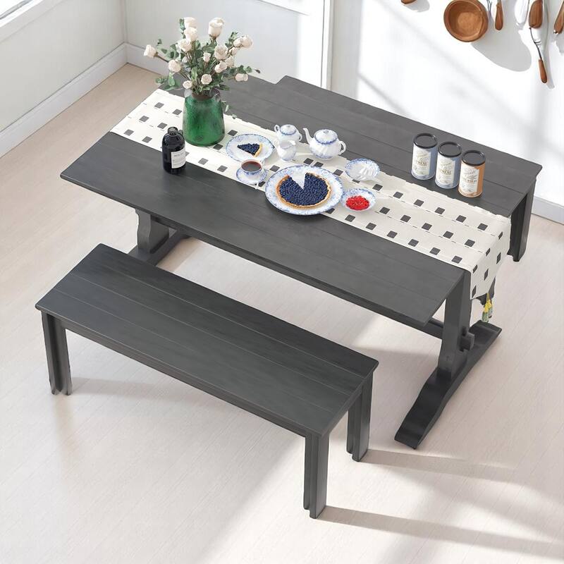 3-Piece Retro Dining Set, Rectangular Trestle Table and 2 Wood Benches, Vintage Dining Set for Dining Room or Kitchen