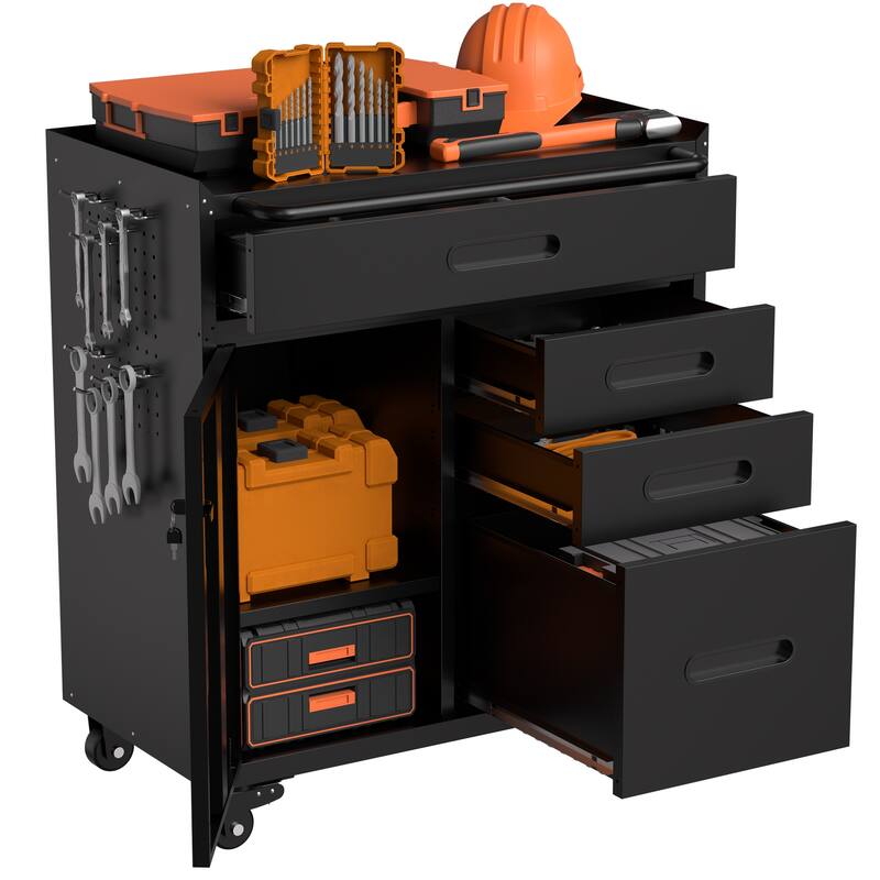 34.3" Mobile Tool Storage Cabinet - Garage Organizer with Lockable Compartment & 4 Drawers, Rolling Steel Chest