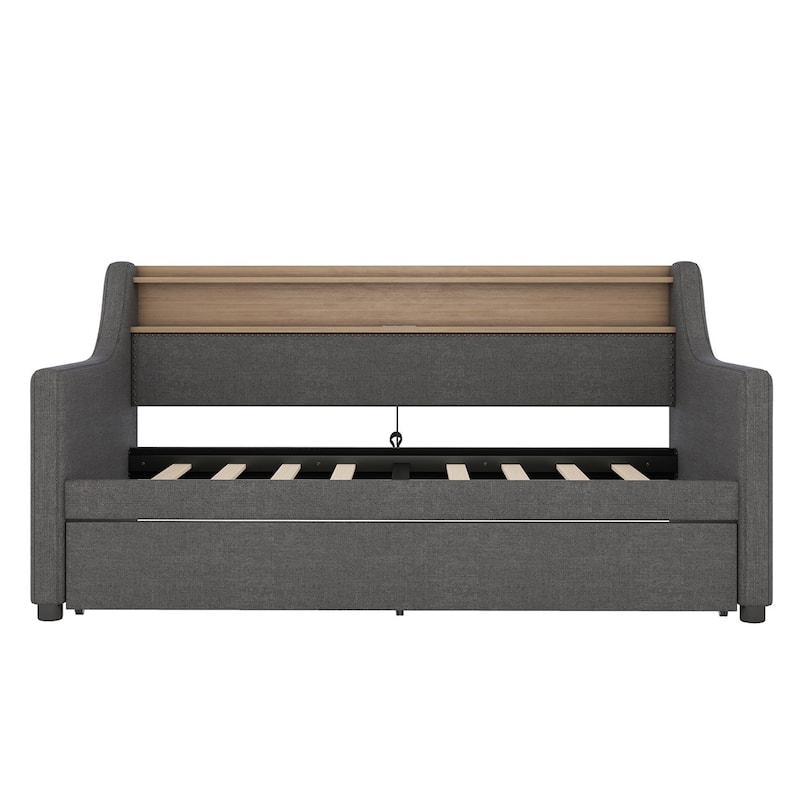 Modern Twin Size Upholstered Daybed with Trundle and Charging Station