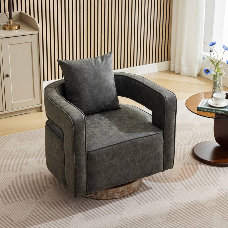 Modern Swivel Chair,PU leather Barrel Chair with Wooden Base and pillow