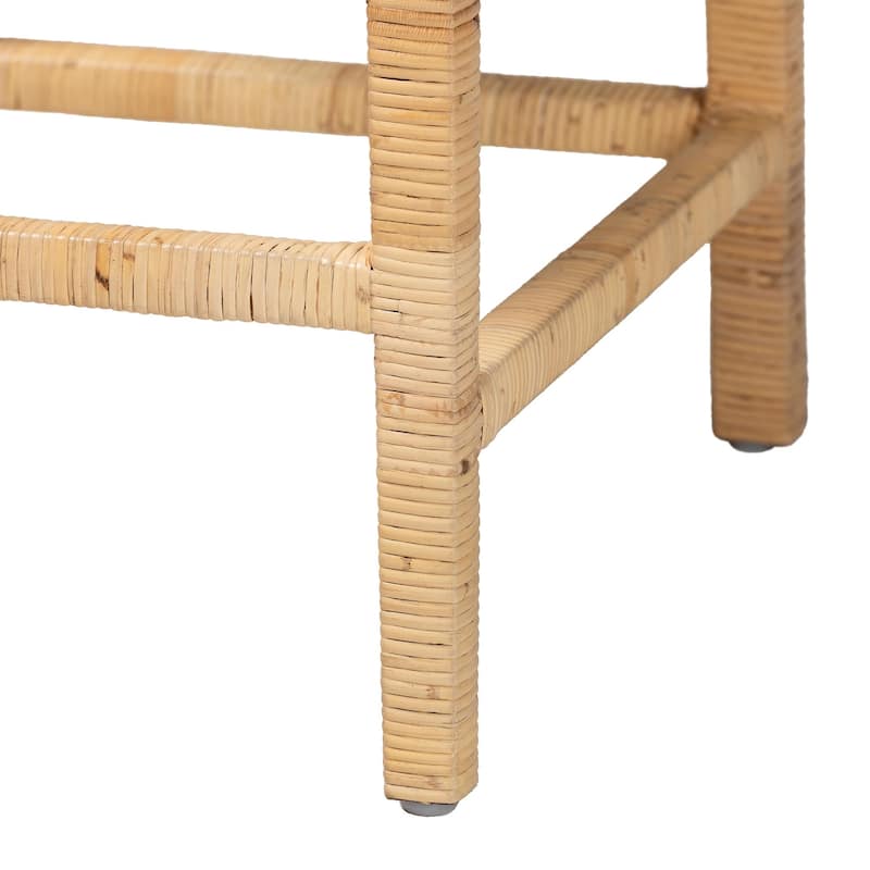 Sofia Rattan Counter Stool with Mahogany Wood - Handwoven Wicker Counter Height, Coastal Kitchen Island Seating, French Grey