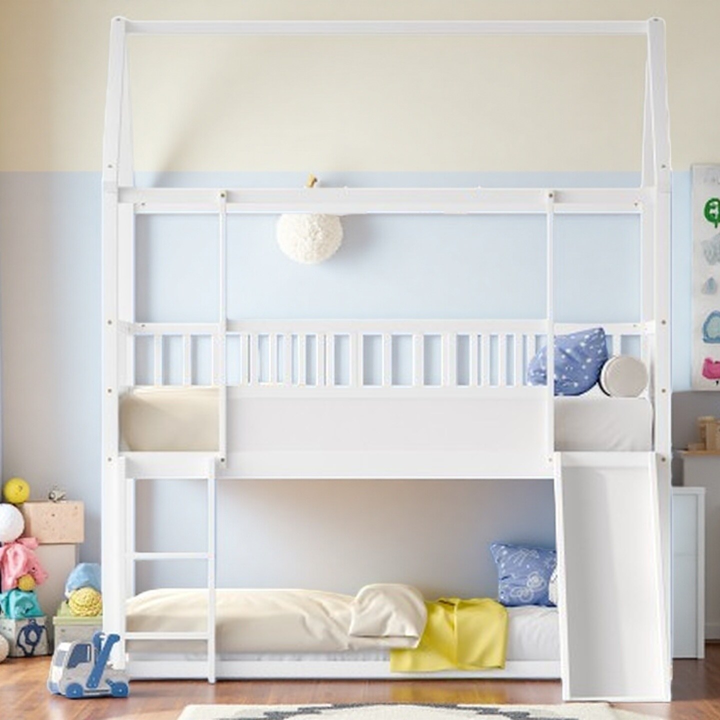 Twin Size House Bunk Bed with Slide and Ladder, Low Profile Wooden Frame with Guardrails, Convertible Entry Options