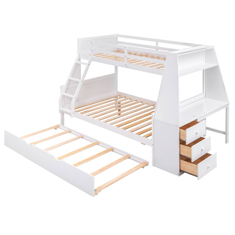 Twin over Full Bunk Bed with Trundle, Built-in Desk, Storage Drawers, and Shelf, White
