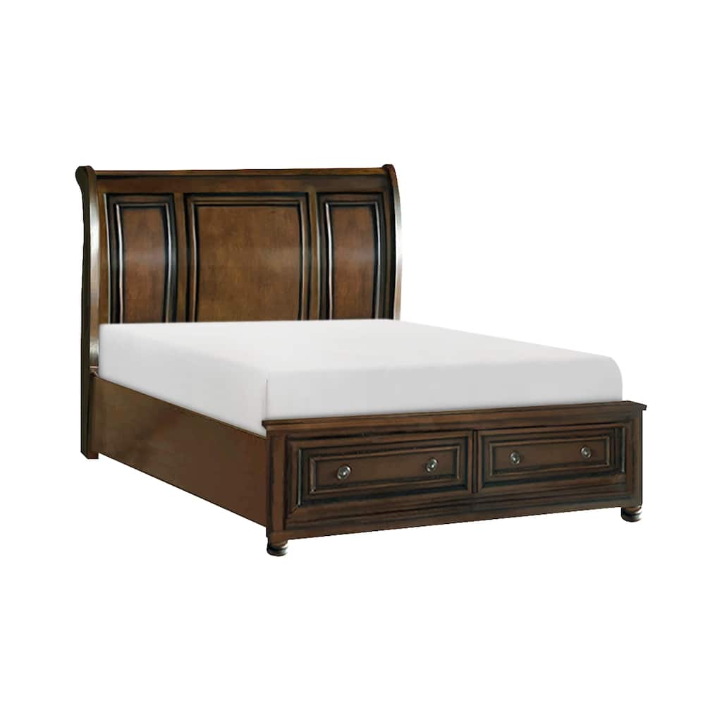 Brown Cherry Finish 1pc Sleigh Platform Bed with Footboard Storage