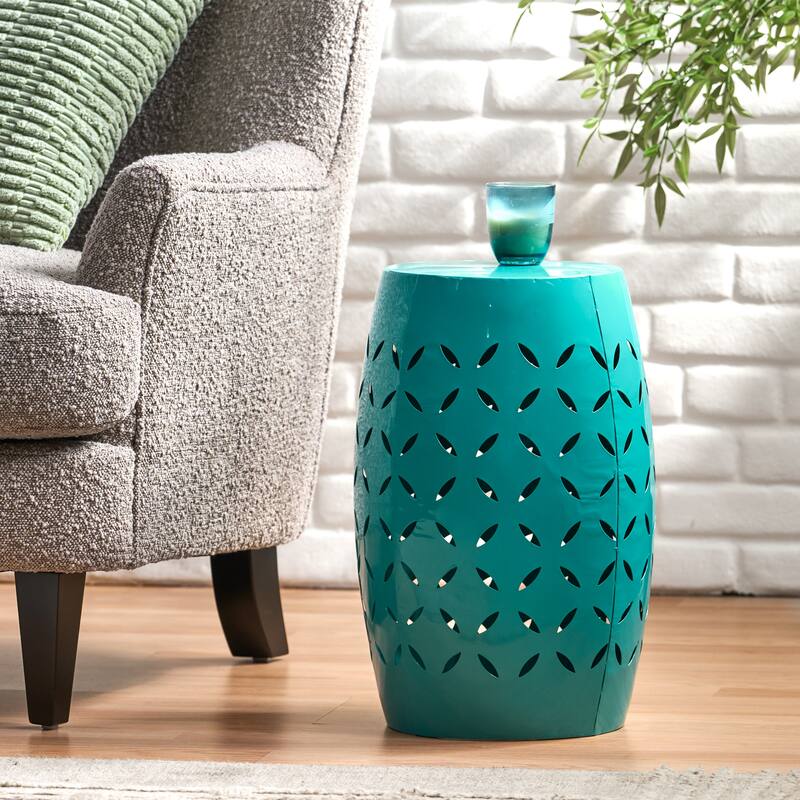 12.25" Modern Round Side Table with Barrel Structure and Iron-cut Design for Living Room or Bedroom