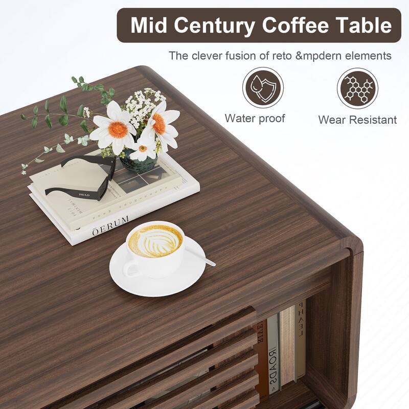 Gymojoy 47" Mid Century Modern Coffee Table with Sliding Door Storage, Walnut Center Table