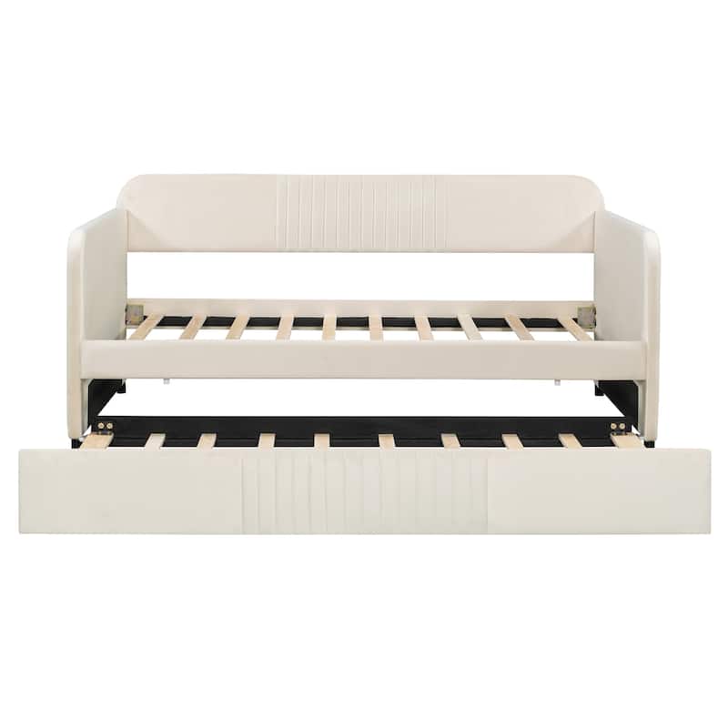 Elegant Velvet Upholstered Twin Daybed Sofa with Trundle and Wooden Slats