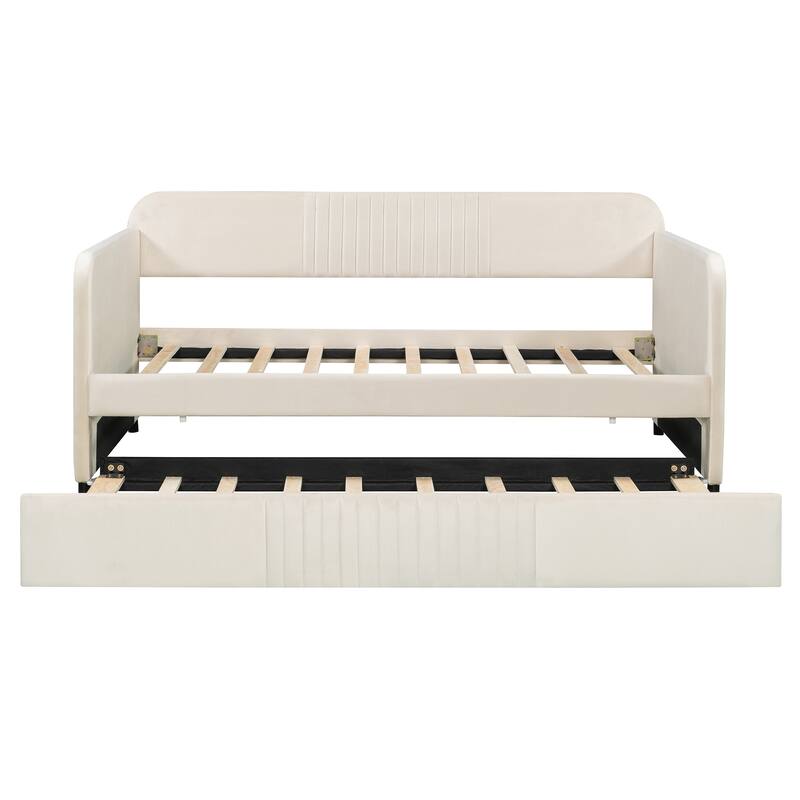 Twin Size Upholstered Daybed Sofa Bed with Trundle and Wood Slat, Light Blue/Beige/Gray