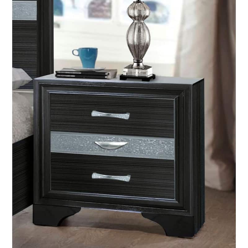 Black Rubberwood Contemporary 3-Drawer Nightstand with Metal Accents