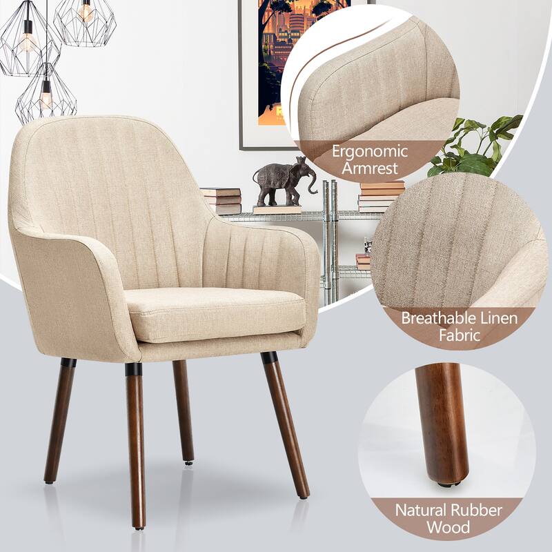 Set of 2 Fabric Dining Chairs Upholstered Arm Chair with Wood Legs