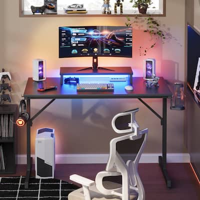 42 inch Gaming Desk LED Computer Table with Monitor Stand and Cup Holder Home Office Desk