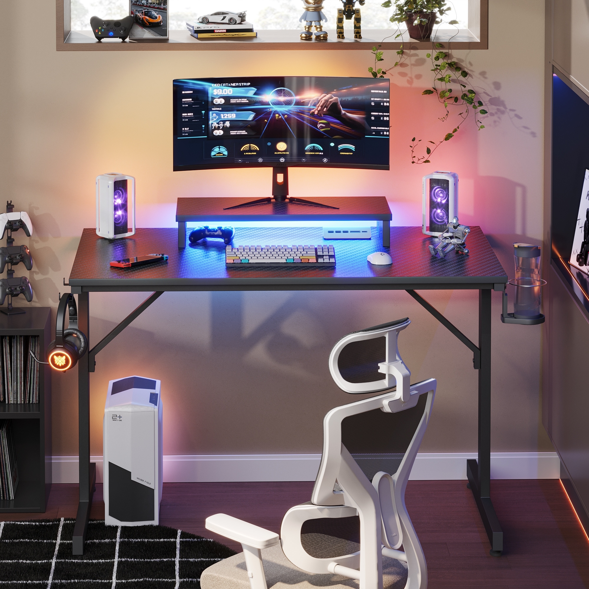 42 inch Gaming Desk LED Computer Table with Monitor Stand and Cup Holder Home Office Desk