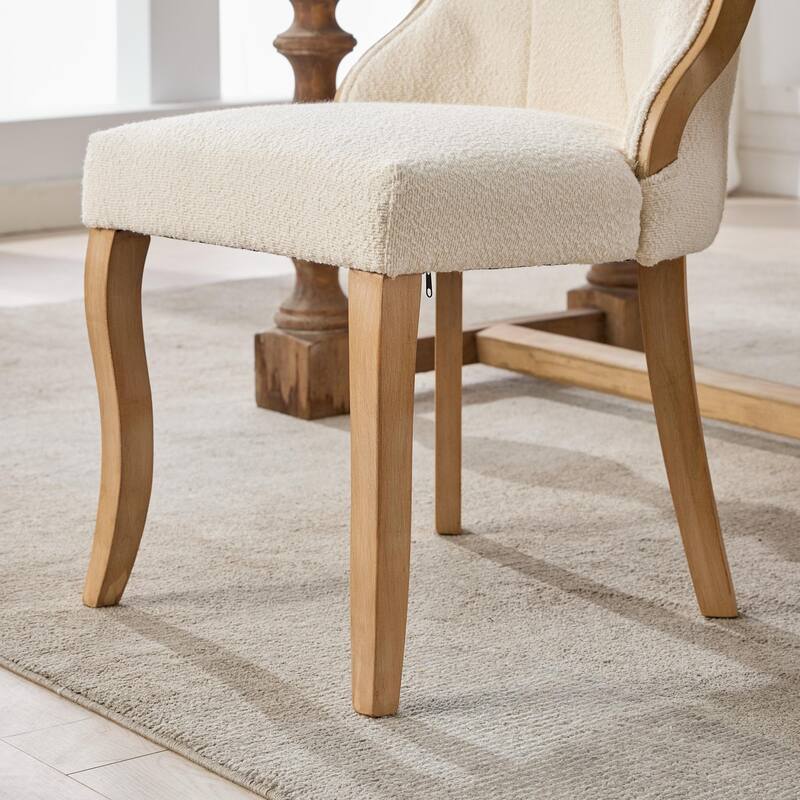Snow Velvet Dining Chairs, Mid-Century Style with Curved Wood Trim & Sculpted Legs, Set of 2, Beige