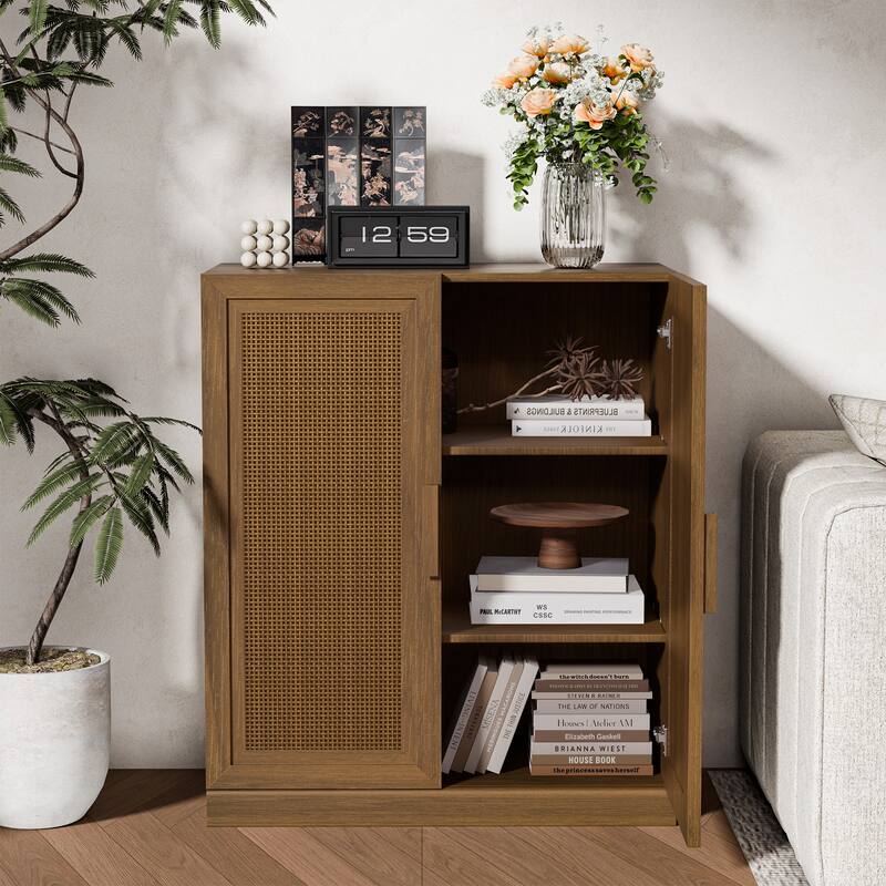36"H Classic Storage Cabinet with Adjustable Shelves with Rattan Doors