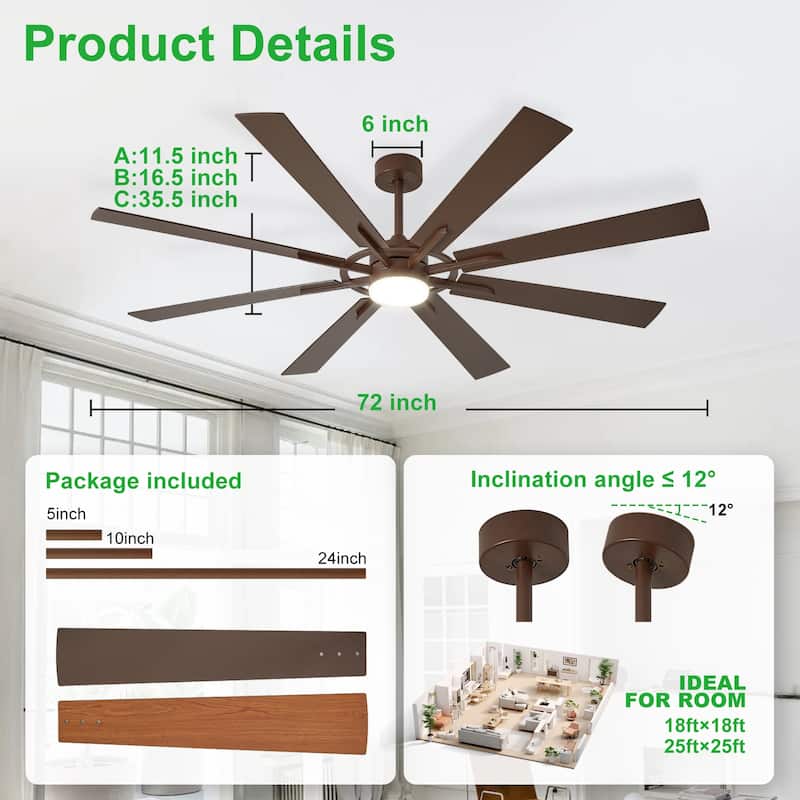 Modern 72 Inch 8 Blade Outdoor large Ceiling Fans with Lights: Dimmable Indoor Reversible 6 Speed Quiet DC Motor