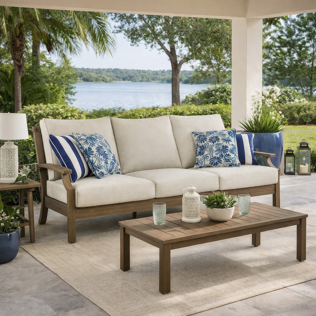 Inaya Outdoor Sofa, 4 Throw Pillows, Cream White, 89 Inch Brown Metal