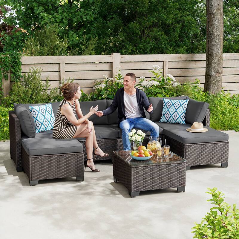 7 Piece Patio Furniture Set, All-Weather PE Rattan Outdoor Conversation Sofa Set with Waterproof Cushions & Coffee Table