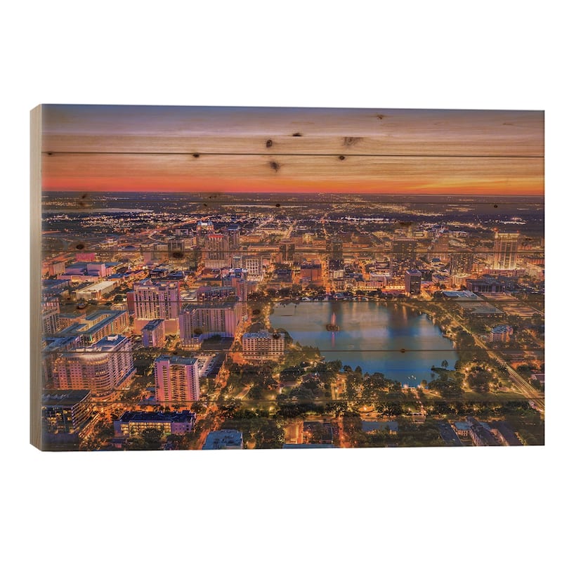 Florida Orlando Downtwon Sunset Lake Eola From Above Print On Wood by Alex G Perez - Multi-Color - 26x40x1.5