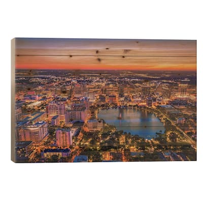 Florida Orlando Downtwon Sunset Lake Eola From Above Print On Wood by Alex G Perez - Multi-Color